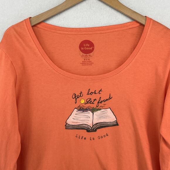 LIFE IS GOOD Shirt Womens L Get Lost Get Found Book Crusher Tee Cotton Orange - Picture 1 of 12